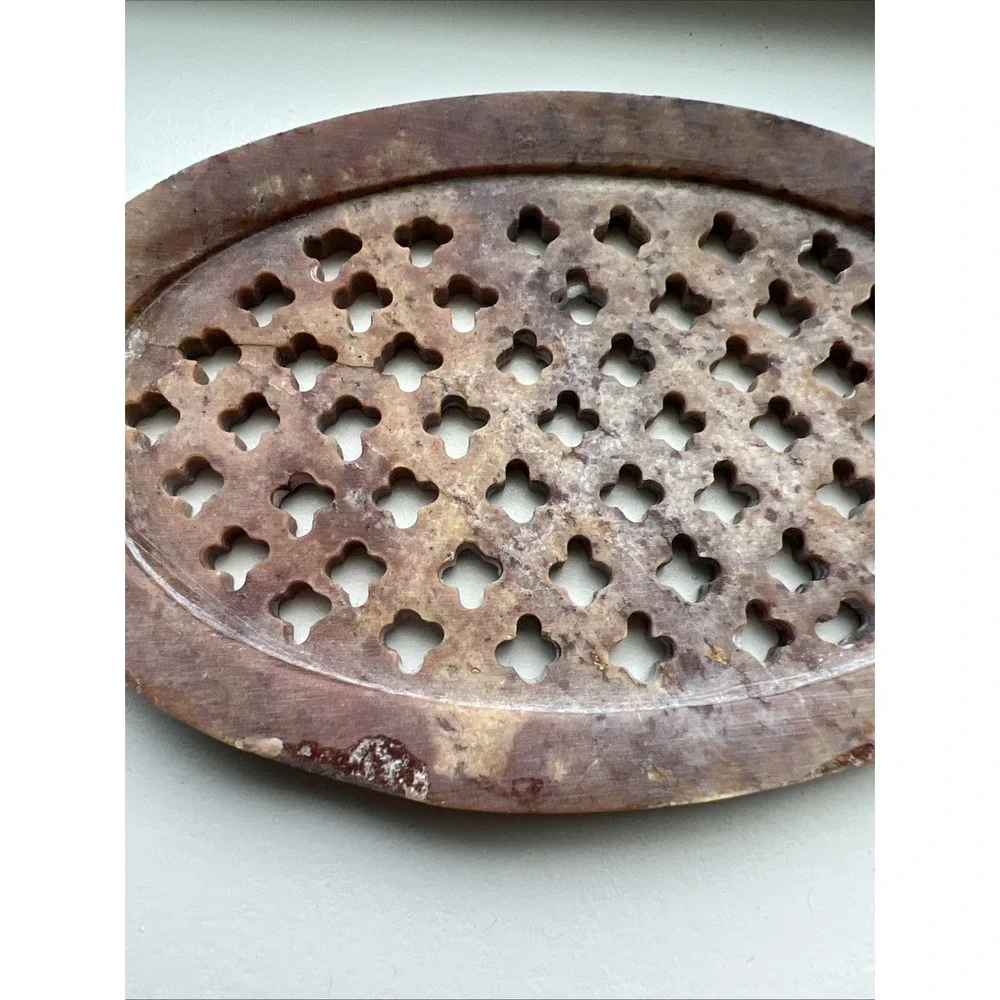 Natural SOAPSTONE 2pc. Oval Lattice Insert SOAP DISH No Two Are Alike